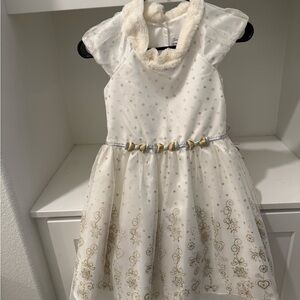 Jona Michelle Ivory and Gold Dress with Faux Fur Trim